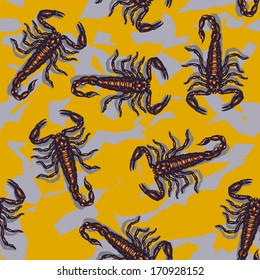 Seamless pattern of scorpions. Repeated illustration of a scorpion.