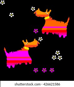 A seamless pattern of Scotch terrier stretching color from yellow to purple on a black background with flowers.
