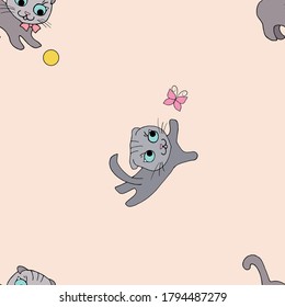 Seamless pattern Scottish fold kittens play with a ball and butterfly. Vector illustration for kids design, wrapping paper, wallpaper, textile, apparel, fabric, stationery, accessories.