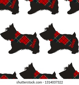 Seamless pattern of Scottish terrier with scarf on plaid background. Vector illustration.
