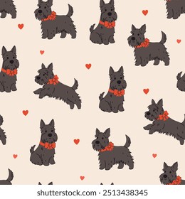 Seamless pattern with Scottish terriers with red bows on their necks. Vector graphics.