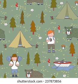 Seamless pattern with scout boys in the forest. EPS 10. No transparency. No gradients.