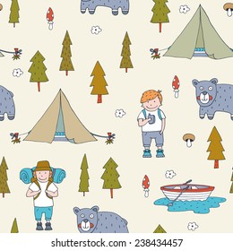 Seamless pattern with scout boys in the forest. EPS 10. No transparency. No gradients.