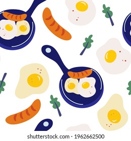Seamless pattern with scrambled eggs. Vector morning breakfast seamless pattern with frying pan with eggs, sausage and lettuce leaves.  Omelet, scrambled eggs. Breakfast food. Cartoon illustration.