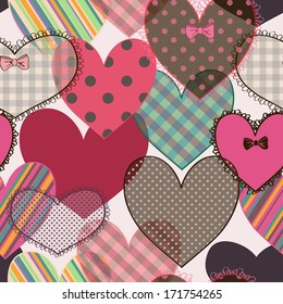 Seamless pattern of scrapbook colorful fabric hearts