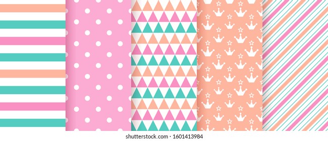 Seamless Pattern For Scrapbooking. Vector. Cute Background. Set Textures With Polka Dots, Stripe, Zigzag, Triangle, Crown. Chic Packing Paper. Trendy Print. Modern Pastel Illustration. Color Backdrop.