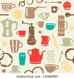 Seamless pattern with scratched coffee related elements