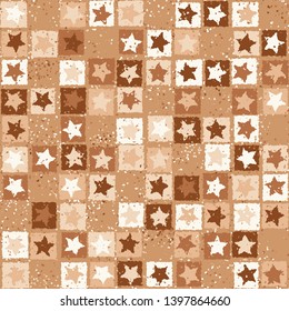 Seamless pattern. Scratched five-pointed stars inscribed in irregular squares are arranged in torn rows against the background of the placement of small spots. Colors of rust metal. Editable.