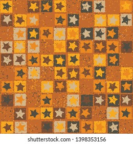 Seamless pattern. Scratched five-pointed stars inscribed in irregular squares are arranged in torn rows against the background of the placement of small spots. Colors of rust metal. Editable.