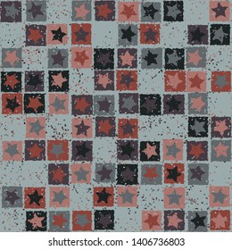 Seamless pattern. Scratched five-pointed stars inscribed in irregular squares are arranged in torn rows against the background of the placement of small spots. Colors of rust metal. Editable.