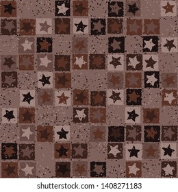 Seamless pattern. Scratched five-pointed stars inscribed in irregular squares are arranged in torn rows against the background of the placement of small spots. Colors of rust metal. Editable.