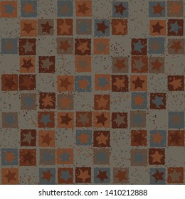 Seamless pattern. Scratched five-pointed stars inscribed in irregular squares are arranged in torn rows against the background of the placement of small spots. Colors of rust metal. Editable.