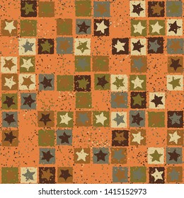 Seamless pattern. Scratched five-pointed stars inscribed in irregular squares are arranged in torn rows against the background of the placement of small spots. Colors of rust metal. Editable.