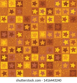 Seamless pattern. Scratched five-pointed stars inscribed in irregular squares are arranged in torn rows against the background of the placement of small spots. Colors of rust metal. Editable.