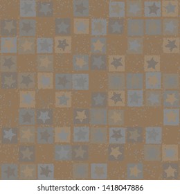 Seamless pattern. Scratched five-pointed stars inscribed in irregular squares are arranged in torn rows against the background of the placement of small spots. Colors of rust metal. Editable.