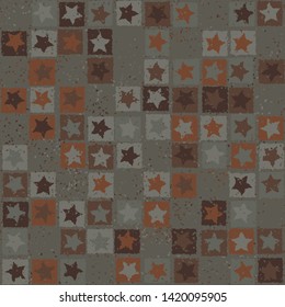 Seamless pattern. Scratched five-pointed stars inscribed in irregular squares are arranged in torn rows against the background of the placement of small spots. Colors of rust metal. Editable.
