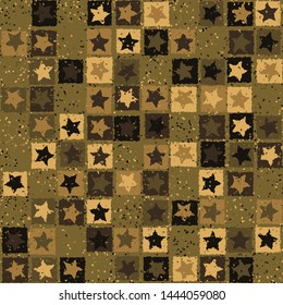 Seamless pattern. Scratched five-pointed stars inscribed in irregular squares are arranged in torn rows against the background of the placement of small spots. Colors of rust metal. Editable.