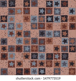 Seamless pattern. Scratched five-pointed stars inscribed in irregular squares are arranged in torn rows against the background of the placement of small spots. Colors of rust metal. Editable.