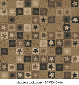 Seamless pattern. Scratched five-pointed stars inscribed in irregular squares are arranged in torn rows against the background of the placement of small spots. Colors of rust metal. Editable.