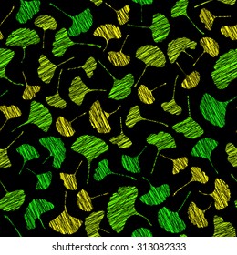 Seamless pattern with scratched ginkgo leaves. Autumn texture. Vibrant colors. Grunge illustration. Black background. Contrast leaf backdrop. For decoration or wallpaper.