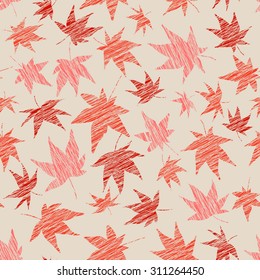 Seamless pattern with scratched maple leaves. Warm colors. Autumn template. Plain endless background with momiji leaves. For wallpaper or printing on fabric.