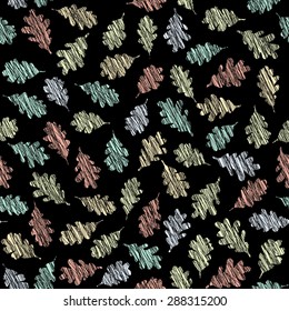 Seamless pattern with scratched oak leaves. Autumn texture. Grunge illustration. Black background. Contrast leaf backdrop. For decoration or wallpaper.