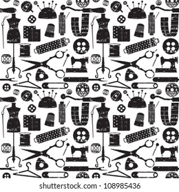 Seamless pattern with scratched sewing related symbols