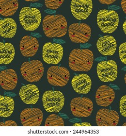 Seamless pattern with scratched smiling apples, summer harvest background. 'Sweet apple, cute apple' typography. Japanese manga style. Endless texture, fruit background. Dessert backdrop.