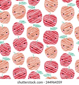 Seamless pattern with scratched smiling apples, summer harvest background. Japanese manga style. Endless texture, fruit background. Dessert backdrop. White background template.