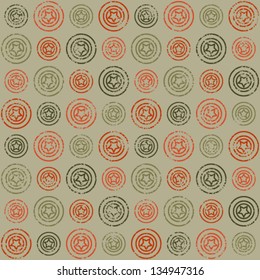 Seamless pattern with scratched stars in circles, old retro colors background