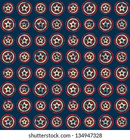 Seamless pattern with scratched stars in retro colors of the American flag on grunge textured background