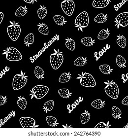 Seamless pattern with scratched Strawberries, summer harvest background. Abstract strawberry texture, endless berry background. Endless fruit ornament with typography.  Monochrome background template.
