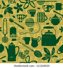 Seamless pattern with scratched tea related symbols and letters 1