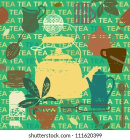 Seamless pattern with scratched tea related symbols and letters 3