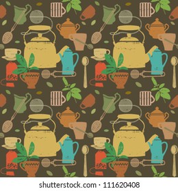 Seamless pattern with scratched tea related symbols on dark brown background