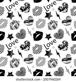 Seamless pattern with scratches and scuffs. Love. A heart. Lips. Star. Grunge. Black drawing isolated on white background. Abstract card. Vector illustration. Decorative print. 