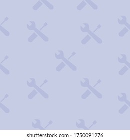 Patrón sin inconvenientes del destornillador y la señal de la llave en el fondo azul claro. Retroceso de fondo usando para el mantenimiento la precaución técnica del sitio, aviso bajo símbolo de construcción y banner de atención de alerta.