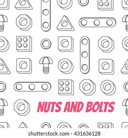 Seamless pattern of Screws and Nuts. Construction Hardware: Bolts, Nuts and Spacers, isolated vector elements for your design.