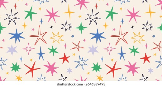 Seamless pattern with scribble stars and sparks. Cheerful and trendy design for festive decor. Christmas, birthday print in vibrant colors. Modern vector illustration on light background, hand drawn