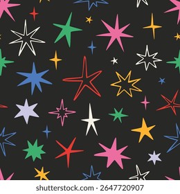 Seamless pattern with scribble stars and sparks. Cheerful and trendy design for festive decor. Christmas, birthday print in vibrant colors. Modern vector illustration on black background, hand drawn