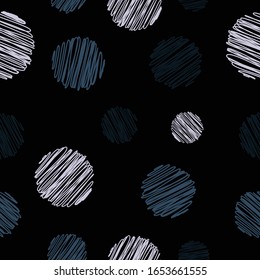 Seamless pattern scribbled abstract sphere circles shapes on dark background repeat endless cover texture for textile, clothing, wrapping paper, wallpapers, carpet, curtains, fashion fabric print