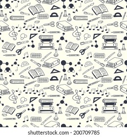 Seamless pattern with scribbled school stationery. Hand drawn back to school doodles. Sketched chalkboard, notes, books, paint, pencil, molecules. Tiling back to school background.