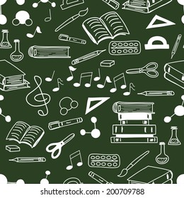 Seamless pattern with scribbled school stationery. Hand drawn back to school doodles. Sketched chalkboard, notes, books, paint, pencil, molecules. Tiling back to school background.
