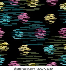 Seamless pattern with scribbles. Bright circles on an isolated background . Abstract illustration with elements of hand-drawn . Colorful geometric shapes isolated on a black background .