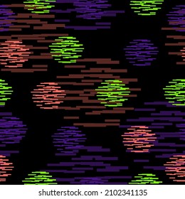 Seamless pattern with scribbles. Bright circles on an isolated background . Abstract illustration with elements of hand-drawn . Colorful geometric shapes isolated on a black background .