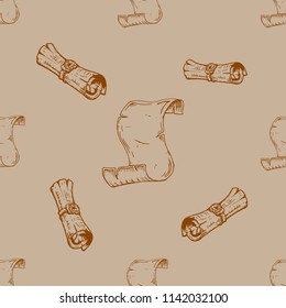 Seamless pattern with scroll of parchment paper. Vector of a scroll seamless pattern. Hand drawn old scroll.