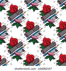 Seamless pattern of scrolls, flowers and pencils.