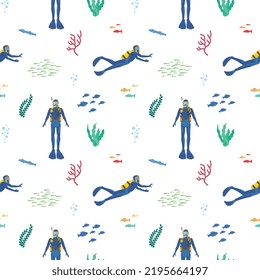 Seamless pattern with scuba divers in different poses, fishes and seaweeds flat style, vector illustration on white background. Wrapping and packaging design, underwater explorations