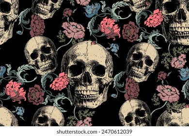 Seamless pattern of scull and flowers. Suitable for fabric, mural, wrapping paper and the like.