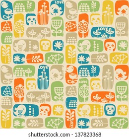 Seamless pattern with sculls, birds and flowers. Vector background.